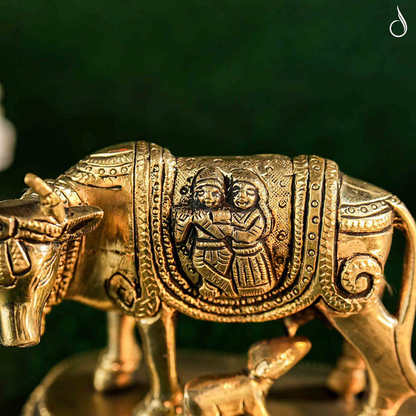 Brass Holy Kamdhenu Cow and Calf Sculpture – Blessings of Prosperity