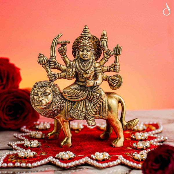 Brass 8-Armed Maa Durga Idol Sitting on Lion – Symbol of Power and Protection