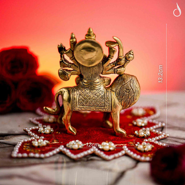 Brass 8-Armed Maa Durga Idol Sitting on Lion – Symbol of Power and Protection