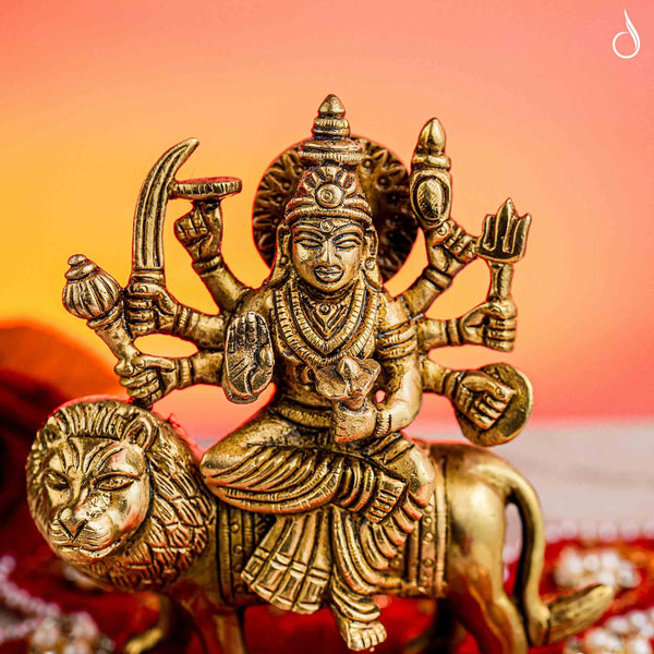 Brass 8-Armed Maa Durga Idol Sitting on Lion – Symbol of Power and Protection