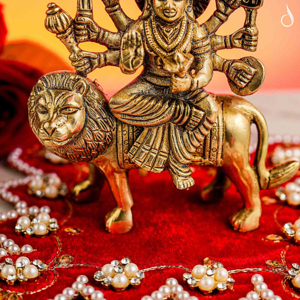 Brass 8-Armed Maa Durga Idol Sitting on Lion – Symbol of Power and Protection