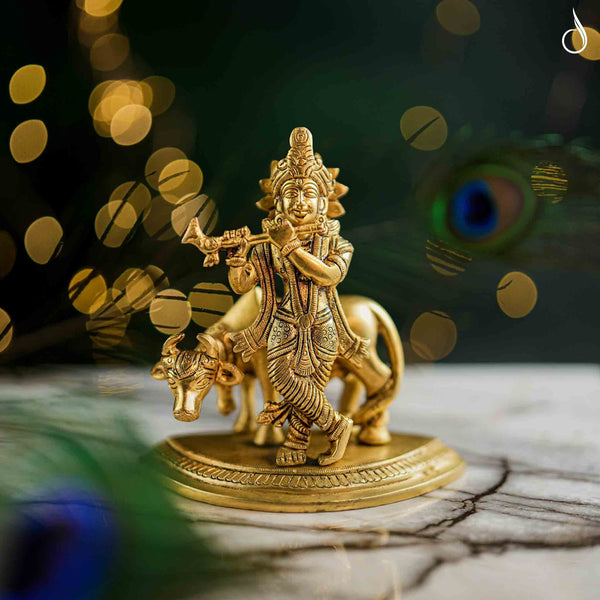 Brass Krishna Idol with Cow – Symbol of Love and Harmony