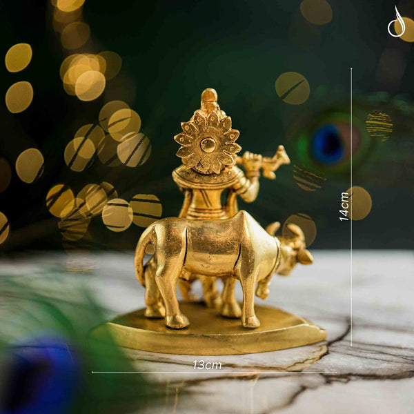 Brass Krishna Idol with Cow – Symbol of Love and Harmony