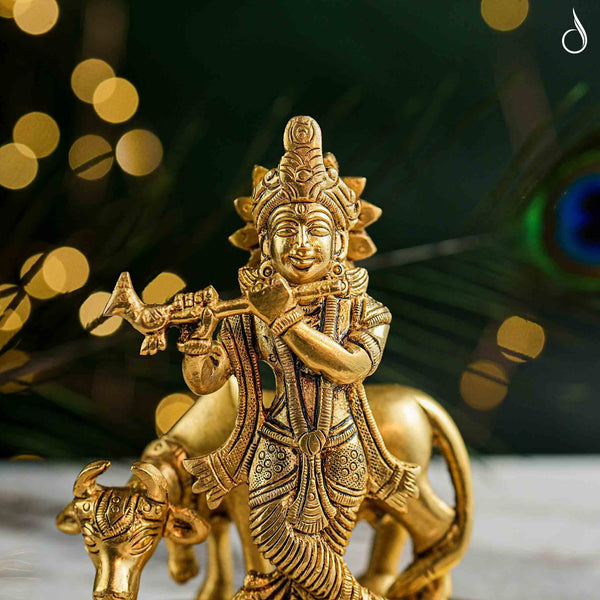 Brass Krishna Idol with Cow – Symbol of Love and Harmony