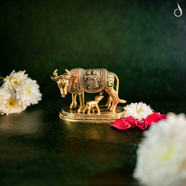 Brass Holy Kamdhenu Cow and Calf Sculpture – Blessings of Prosperity