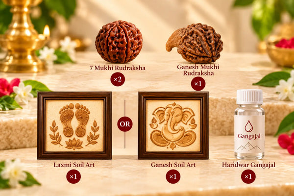 Diwali Special Rudraksha Combo – 7 Mukhi, Ganesh Mukhi & Sacred Soil Art